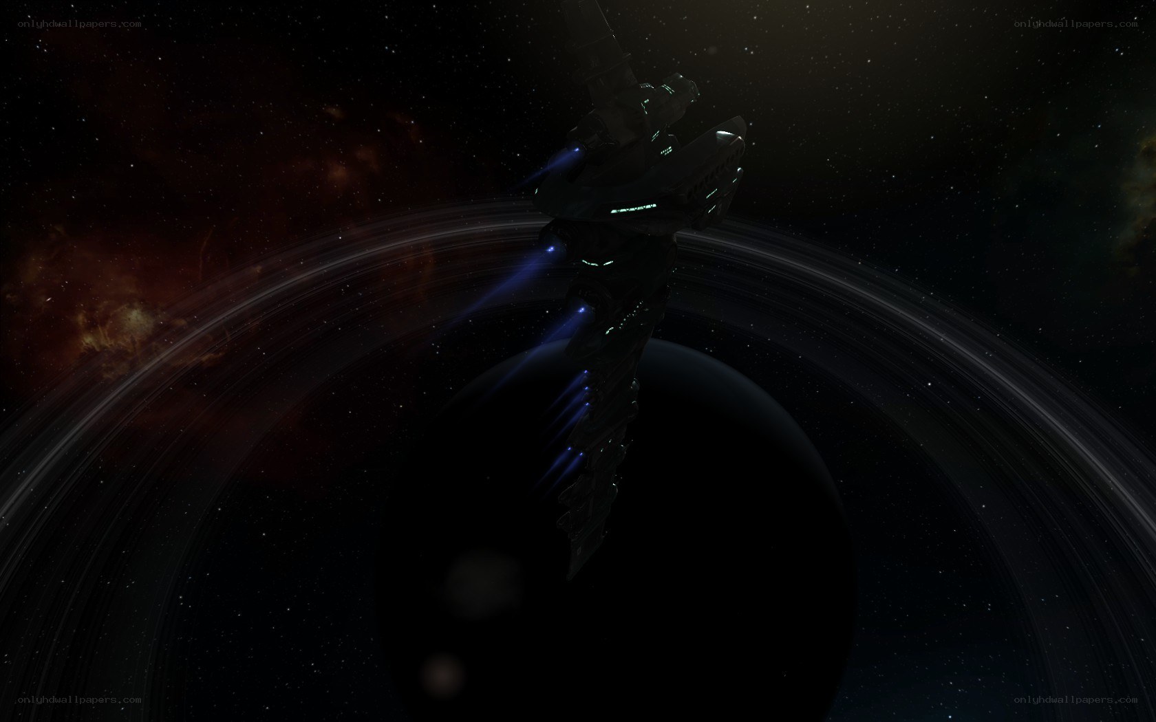 spaceship near ringed planet