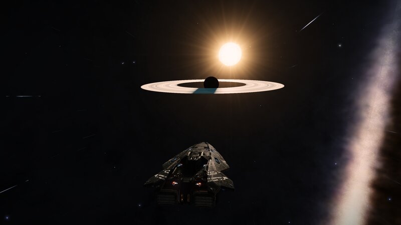 Spaceship Near Ringed Planet — Black, Dramatic, Night, 3d Render, Rings, Sun
