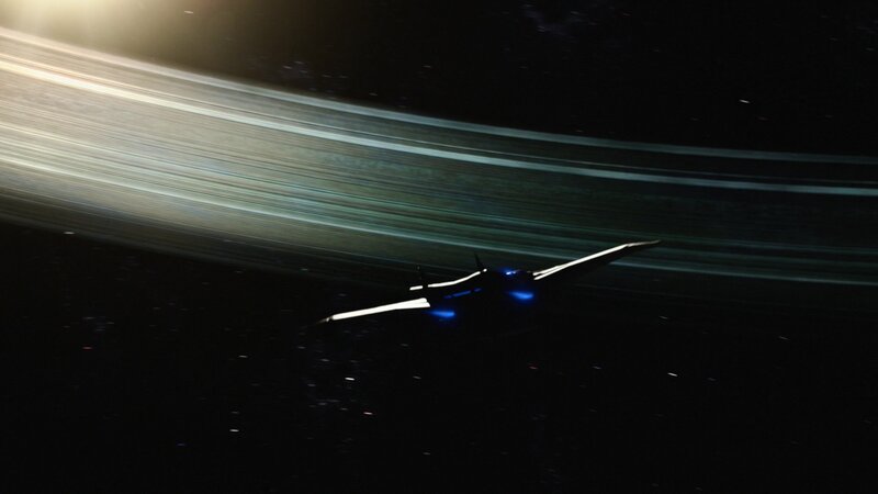 Spaceship Near Ringed Planet — Black, Dramatic, Night, Digital Art, Spacecraft