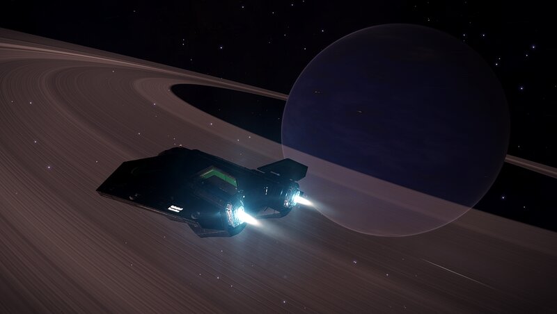 Spaceship Near Ringed Planet — Black, Dramatic, Night