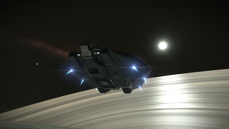 Spaceship Near Ringed Planet — Black, Dramatic