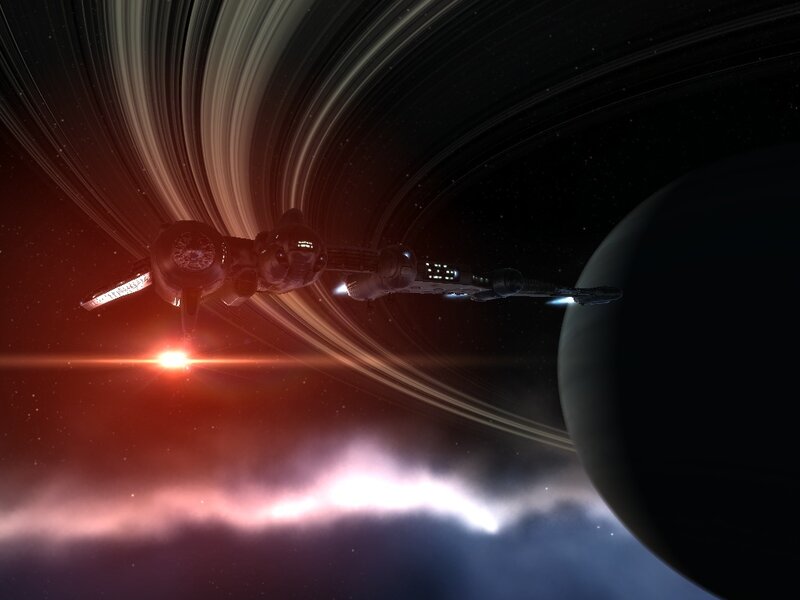 Spaceship Near Ringed Planet — Black