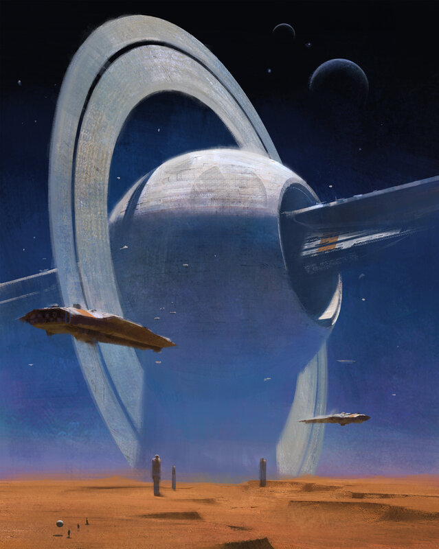 Spaceship Near Ringed Planet — Blue, Dramatic