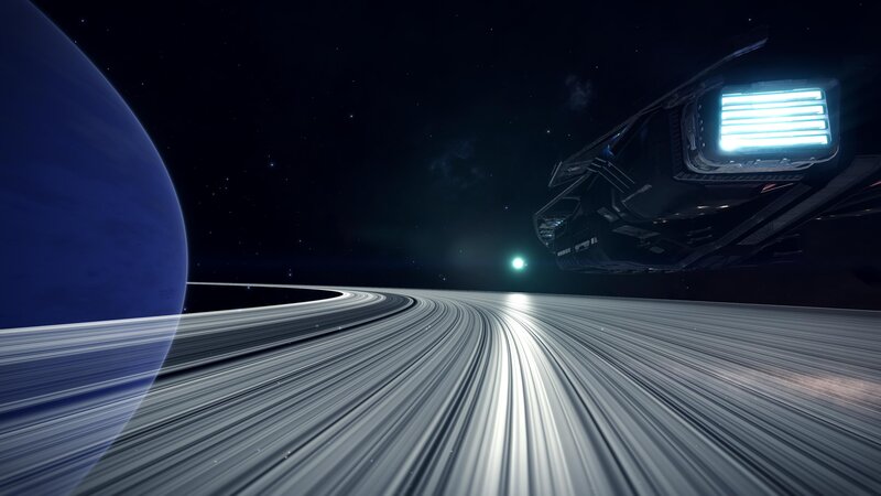 Spaceship Near Ringed Planet — Blue