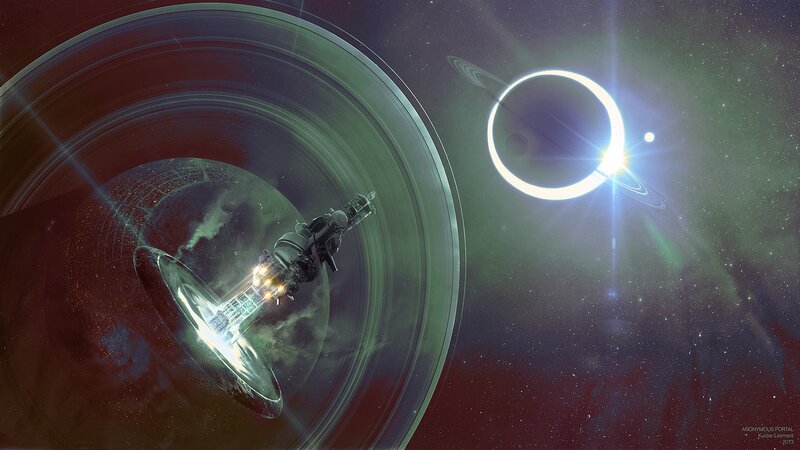 Spaceship Near Ringed Planet — Green, Dramatic, Night