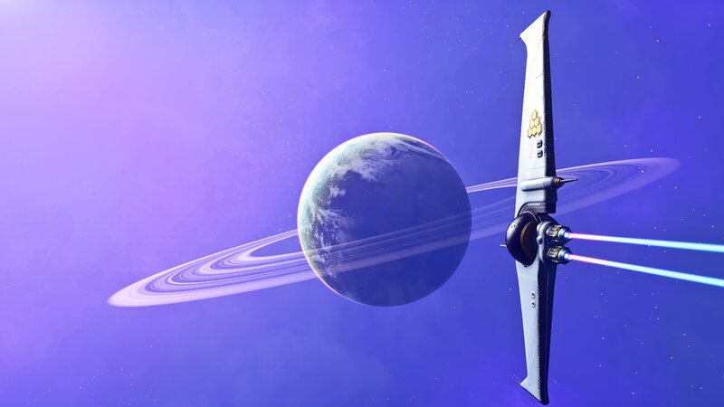 Spaceship Near Ringed Planet — Purple, Serene