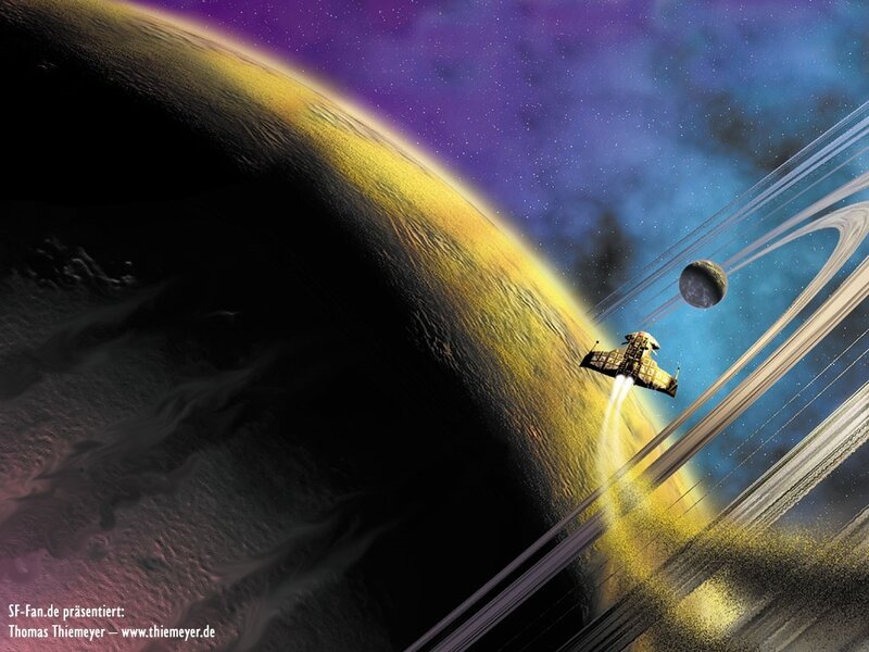 Spaceship Near Ringed Planet — Purple
