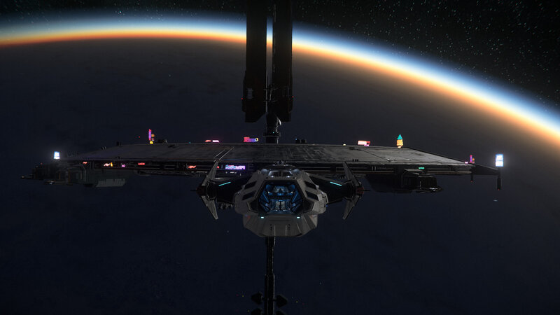 Spaceship Near Space Station — Black, Dramatic, Night, 3d Render
