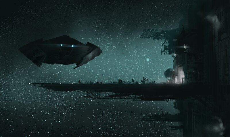 Spaceship Near Space Station — Black, Dramatic, Night, Digital Art, Starfield