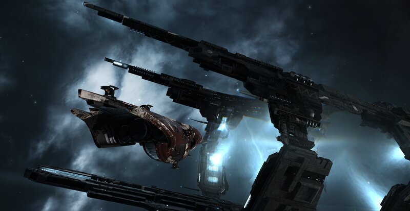 Spaceship Near Space Station — Black, Dramatic, Night