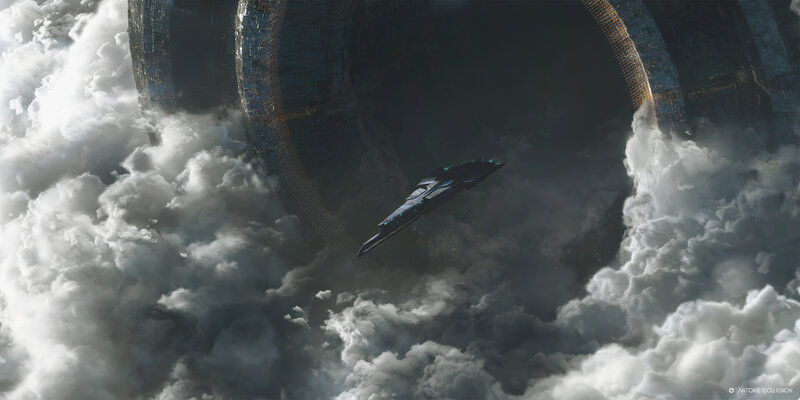 Spaceship Near Space Station — Gray, Dramatic