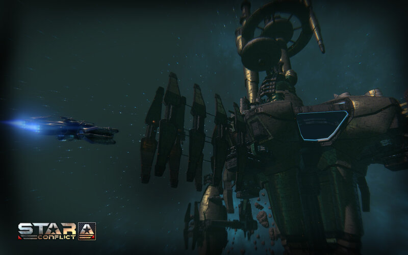 Spaceship Near Space Station — Green, Dark, Dramatic