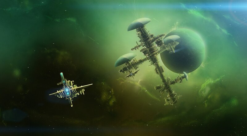 Spaceship Near Space Station — Green, Dramatic