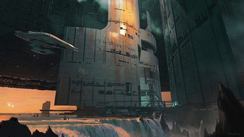 Spaceship Near Space Station — Orange, Dramatic
