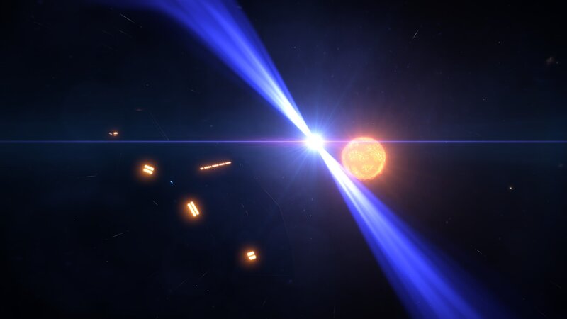 Spaceship Near Star — Blue, Dramatic