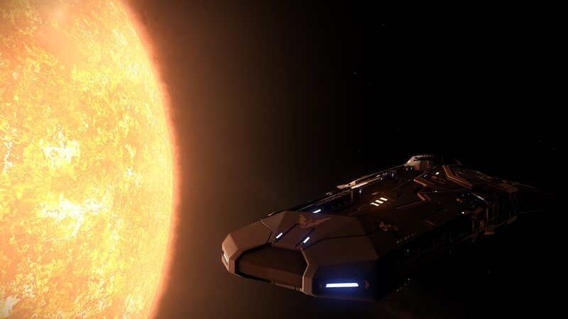 Spaceship Near Star — Orange, Dramatic