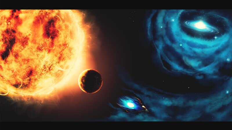 Spaceship Near Star System — Orange, Dramatic