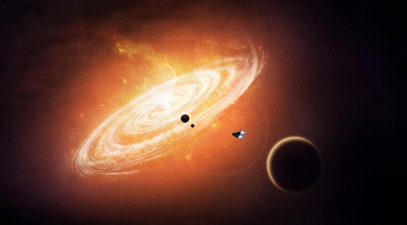 Spaceship Near Star System — Orange