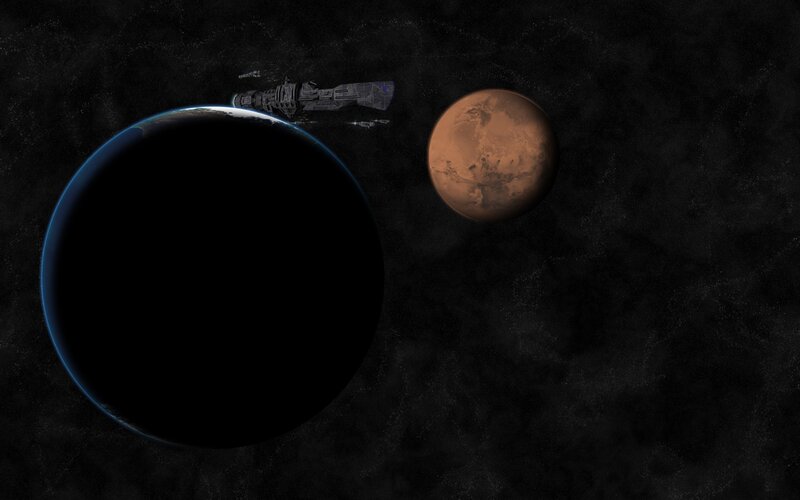 Spaceship near two planets