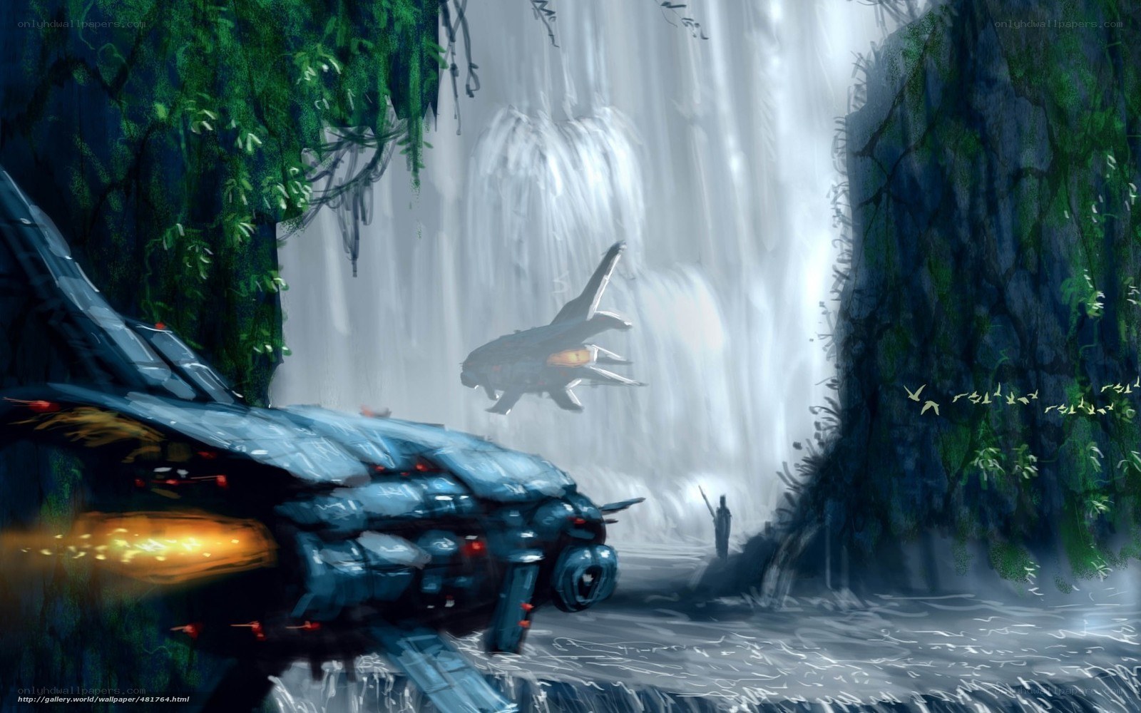 Spaceship near waterfall