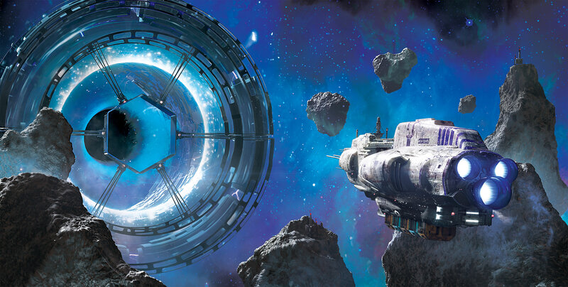Spaceship Near Wormhole — Blue, Dramatic