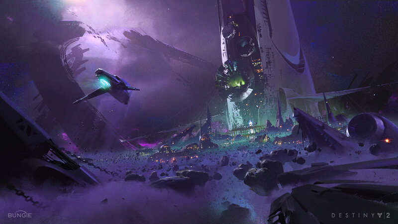 Spaceship Near Wreckage — Purple