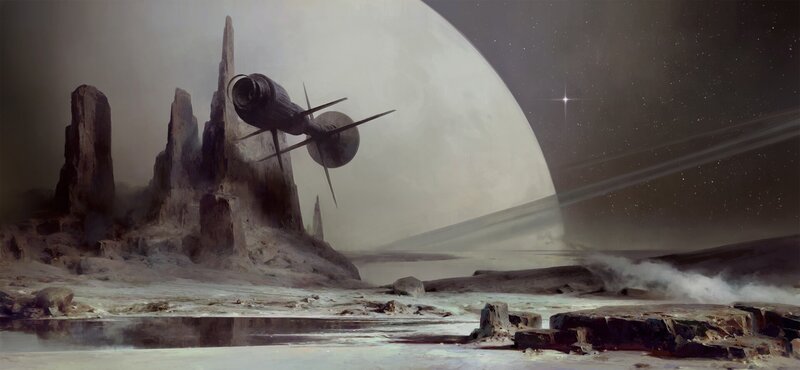 Spaceship on Alien Planet — Gray, Dramatic, Night, Digital Art