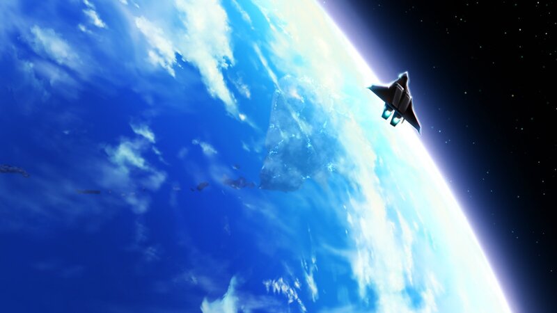 spaceship orbiting a blue planet