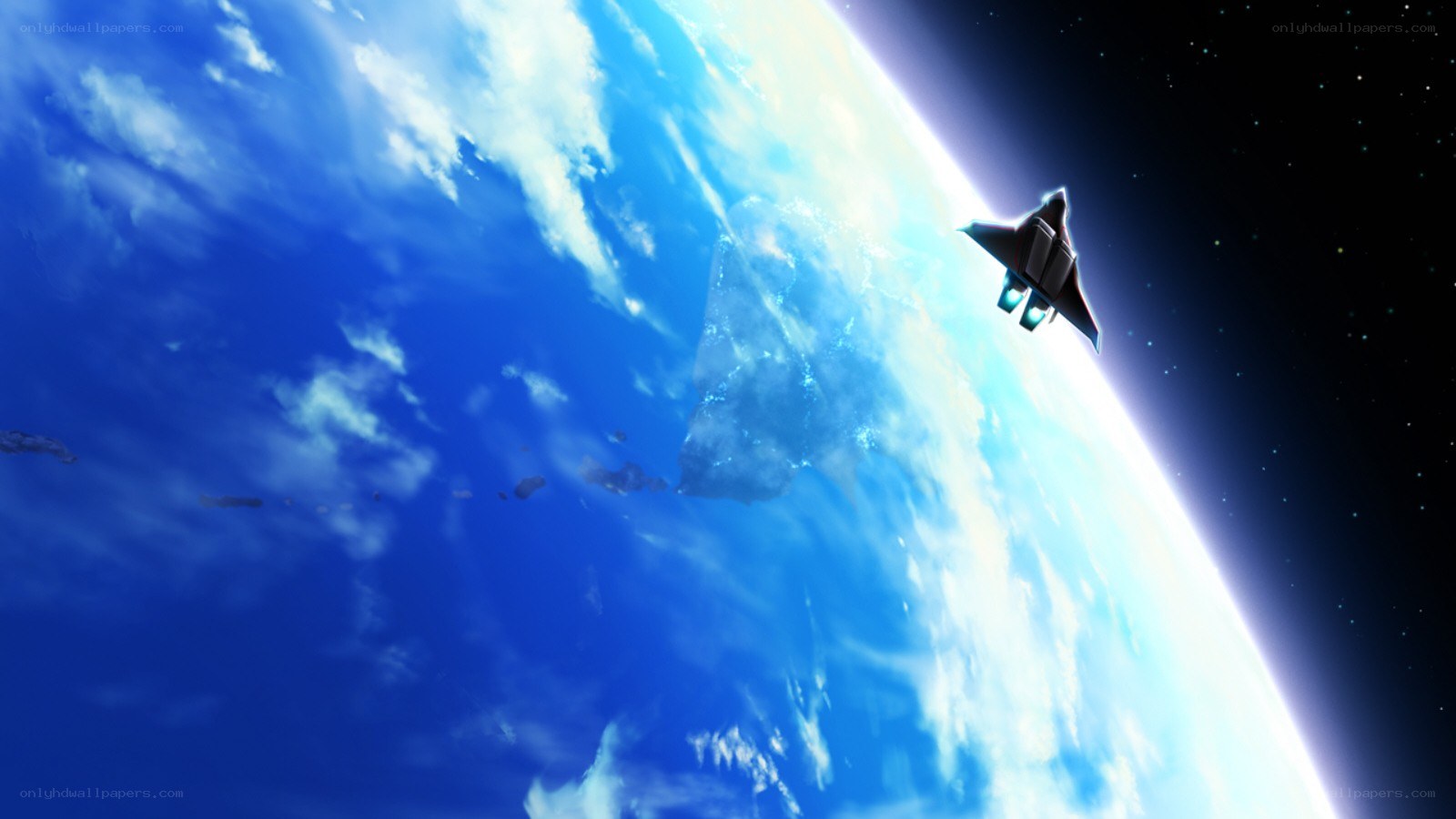 spaceship orbiting a blue planet