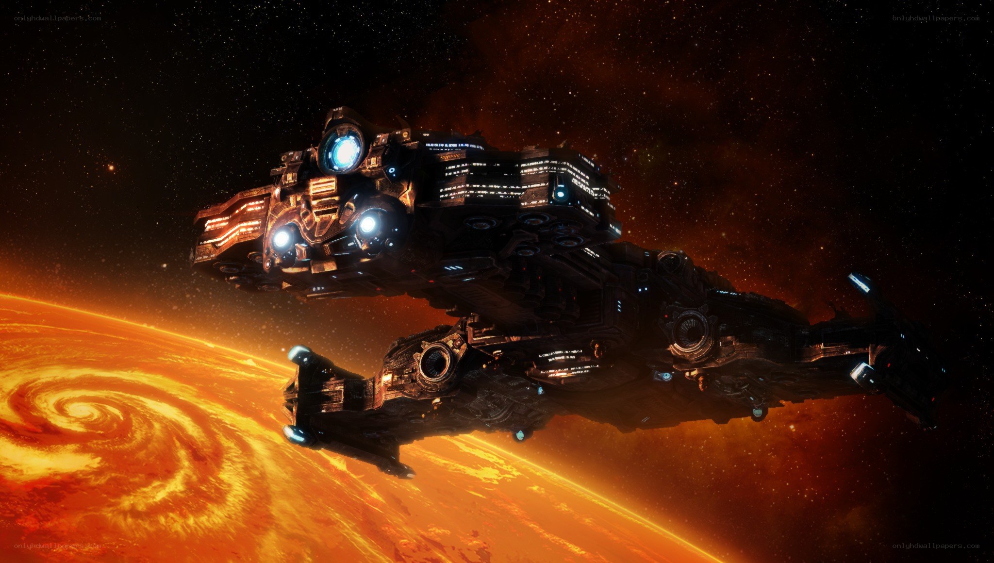 Spaceship orbiting a fiery planet