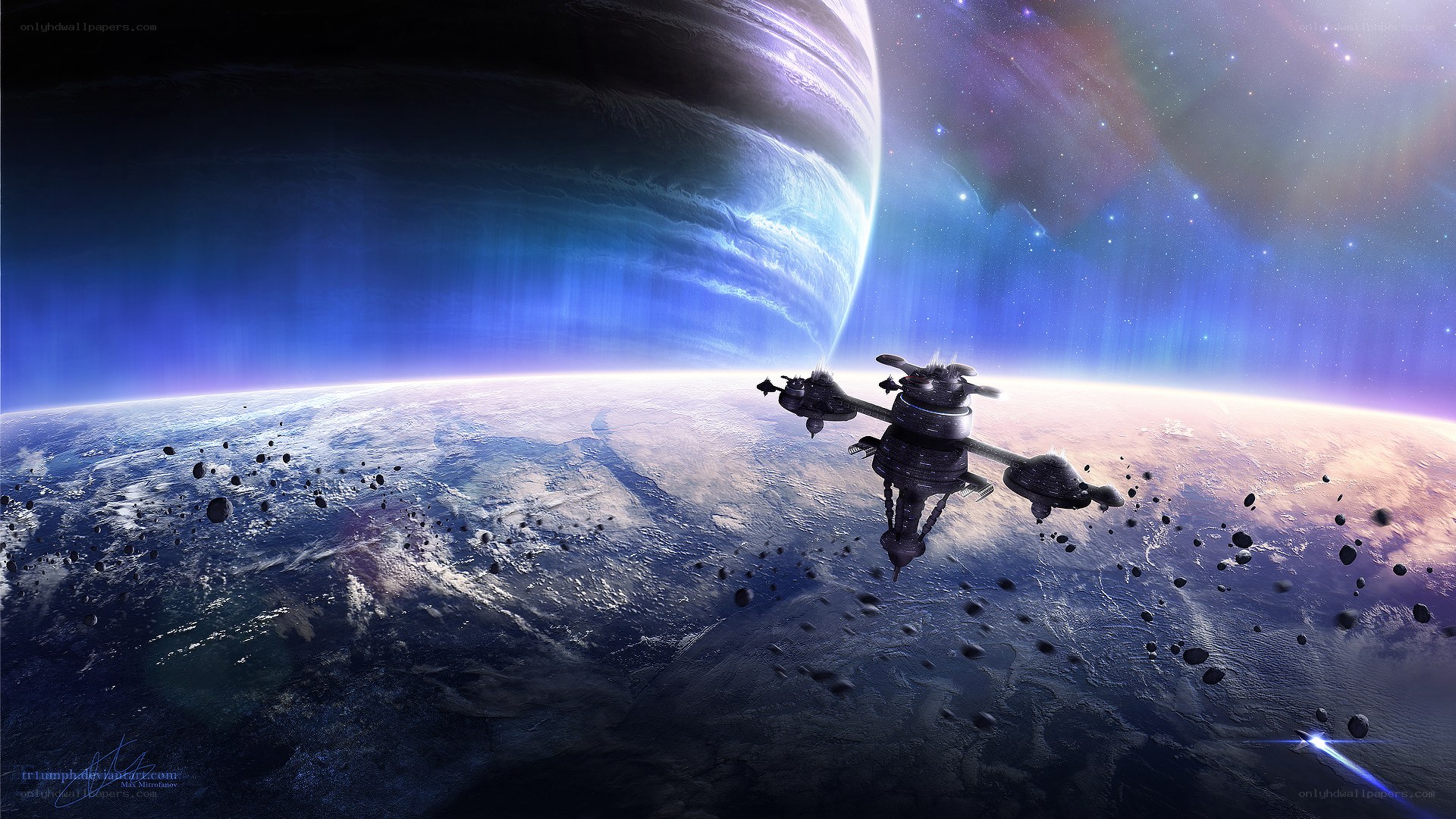 Spaceship orbiting alien planet