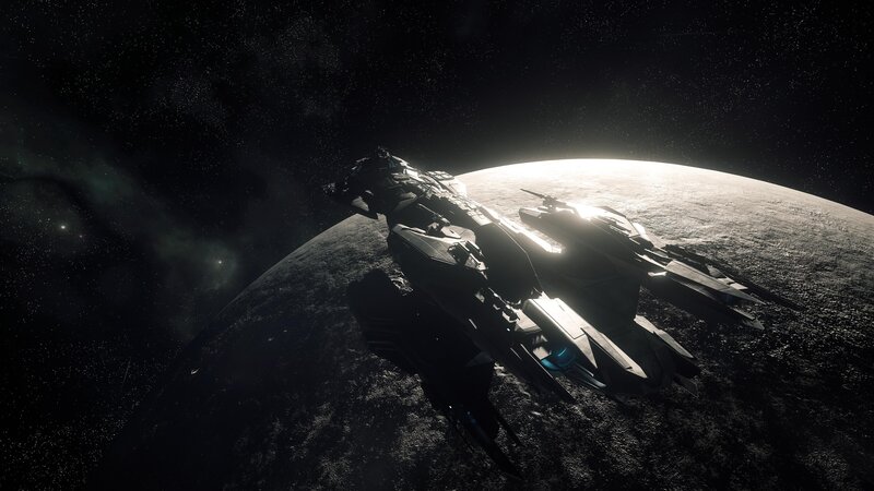 Spaceship Orbiting Planet — Black, Dramatic, 3d Render