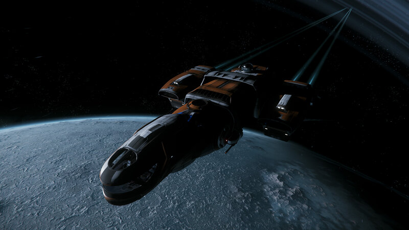 Spaceship Orbiting Planet — Black, Dramatic, Night, 3d Render, Space