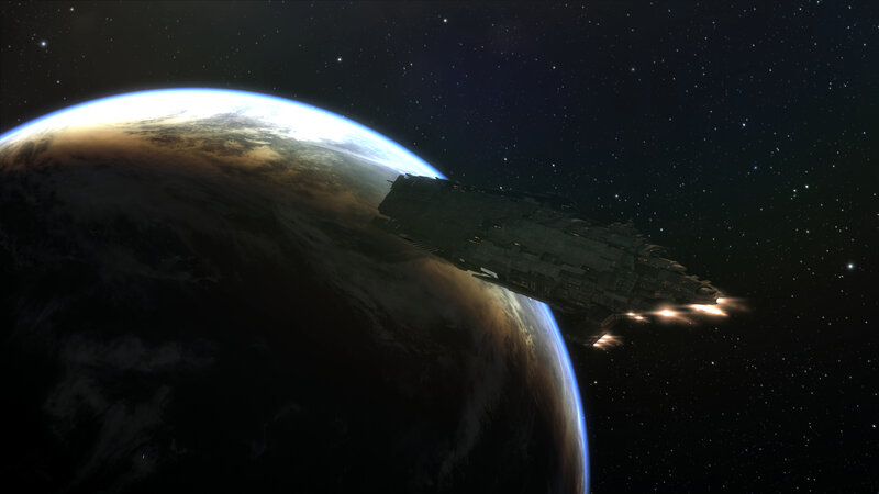 Spaceship Orbiting Planet — Black, Dramatic, Night, 3d Render