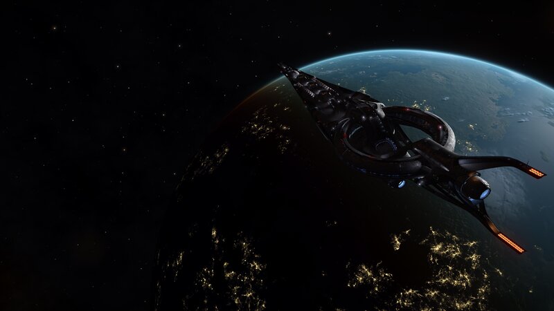 Spaceship Orbiting Planet — Black, Dramatic, Night