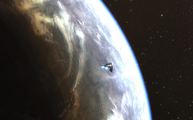 Spaceship Orbiting Planet — Blue, Dramatic, 3d Render, Spacecraft