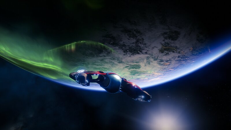 Spaceship Orbiting Planet — Blue, Dramatic, Night, 3d Render