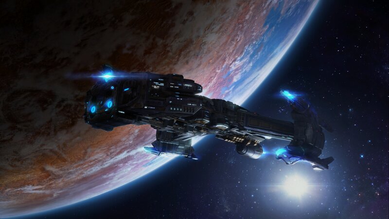 Spaceship Orbiting Planet — Blue, Dramatic, Night