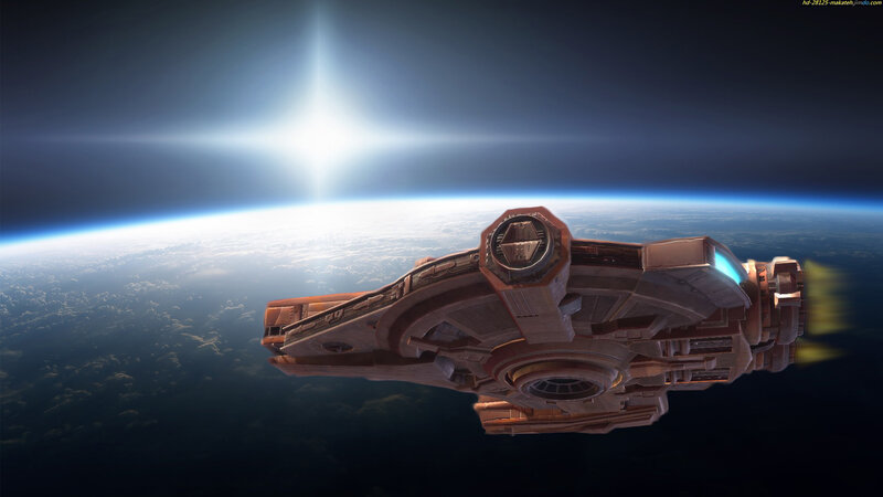 Spaceship Orbiting Planet — Blue, Dramatic