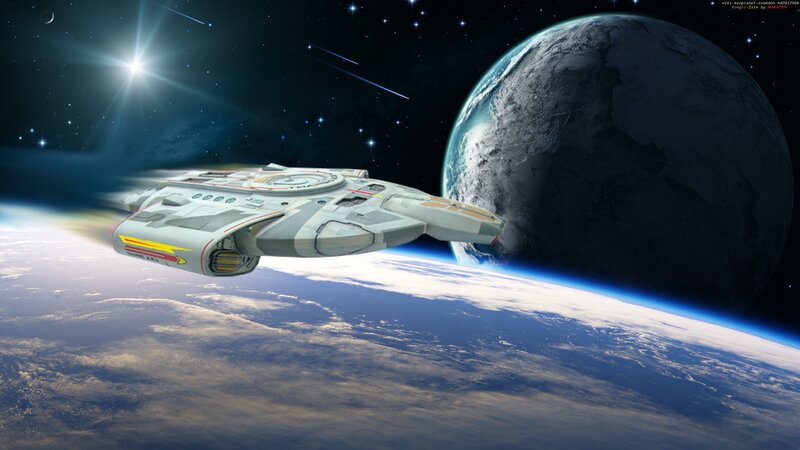 Spaceship Orbiting Planet — Blue