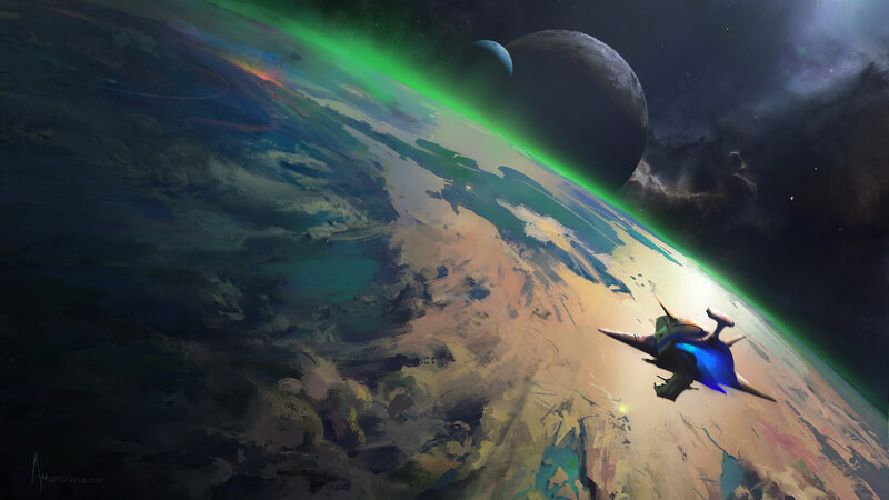 Spaceship Orbiting Planet — Green, Dramatic