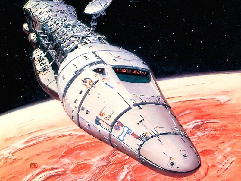 spaceship orbiting red planet