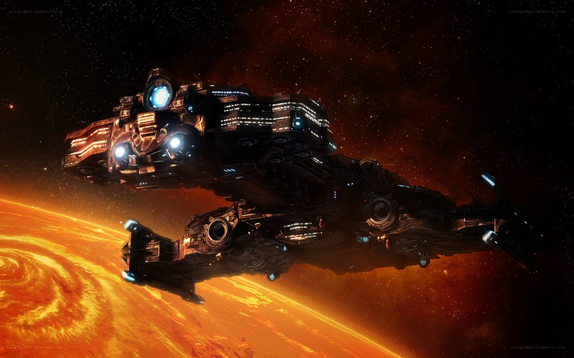 spaceship over a fiery planet