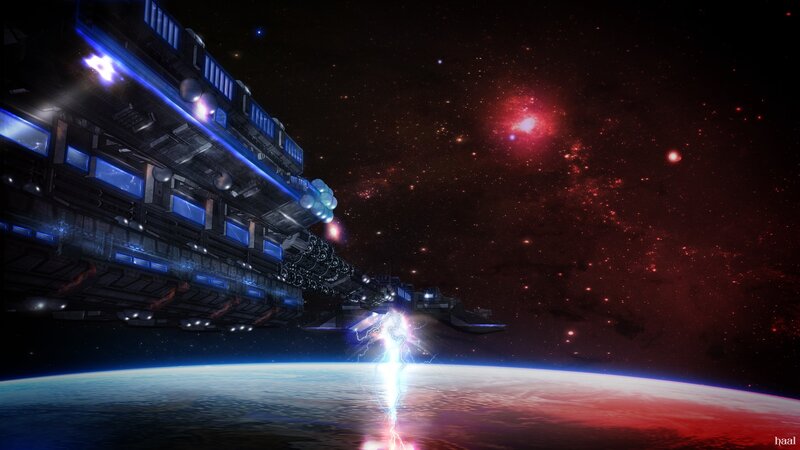 Spaceship over a planet
