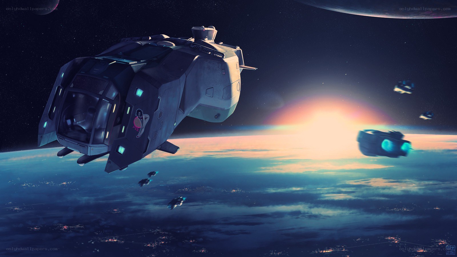 Spaceship over a planet