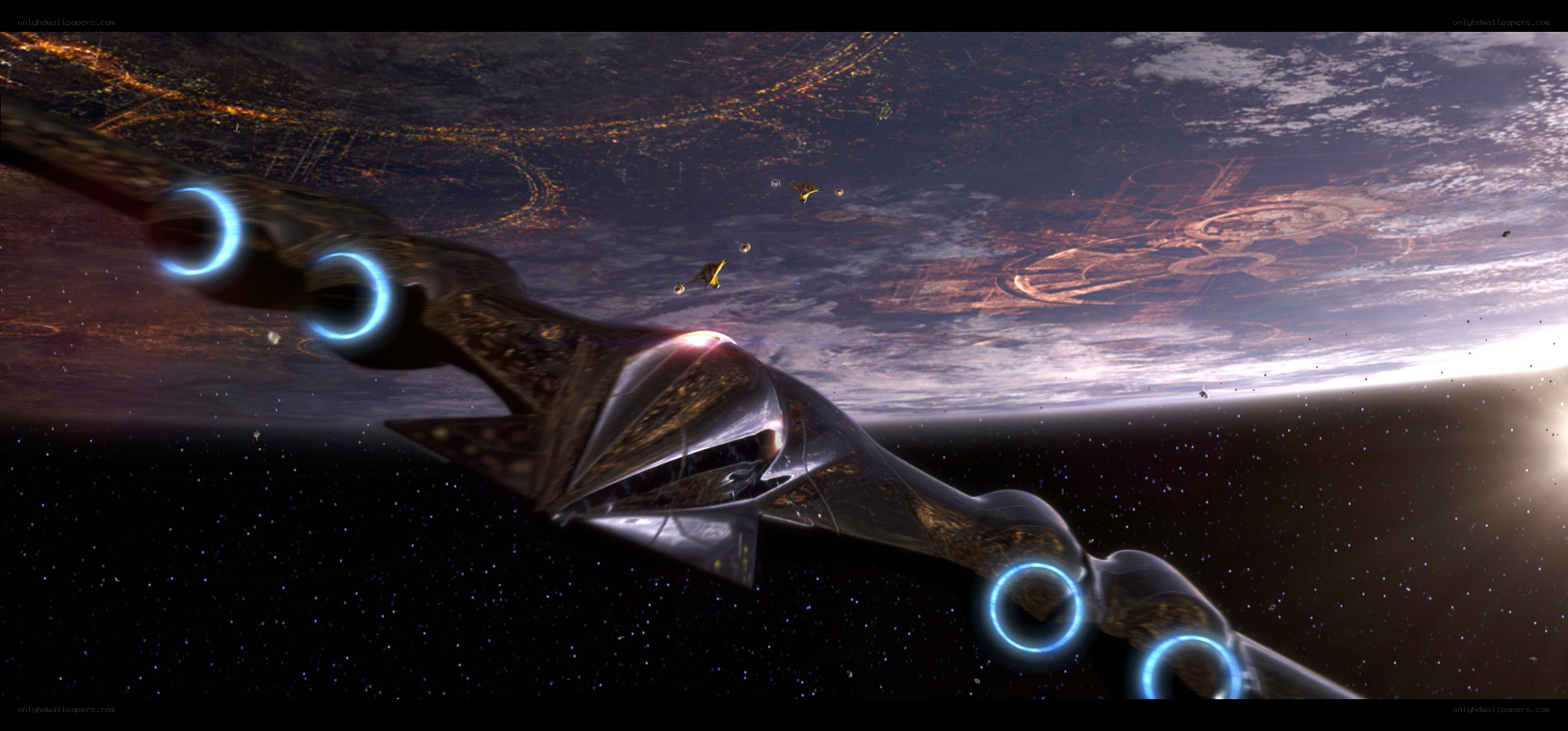 Spaceship over a planet