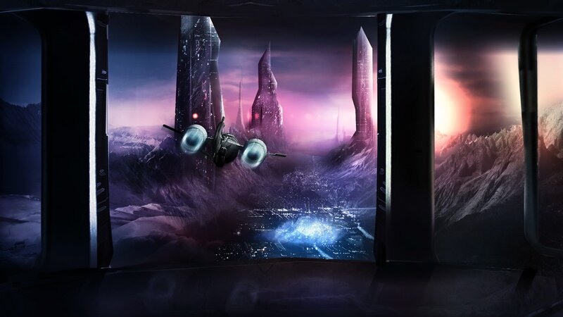 Spaceship over Alien City — Purple