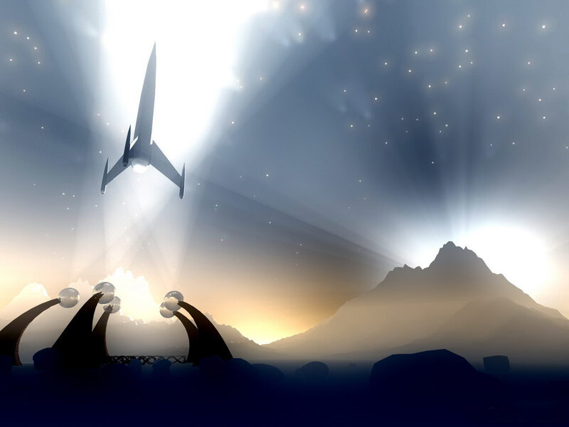 spaceship over alien landscape