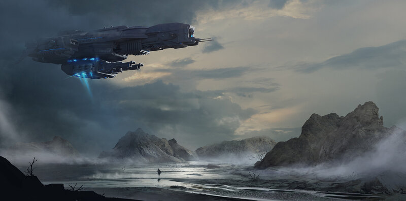Spaceship over Alien Landscape — Gray