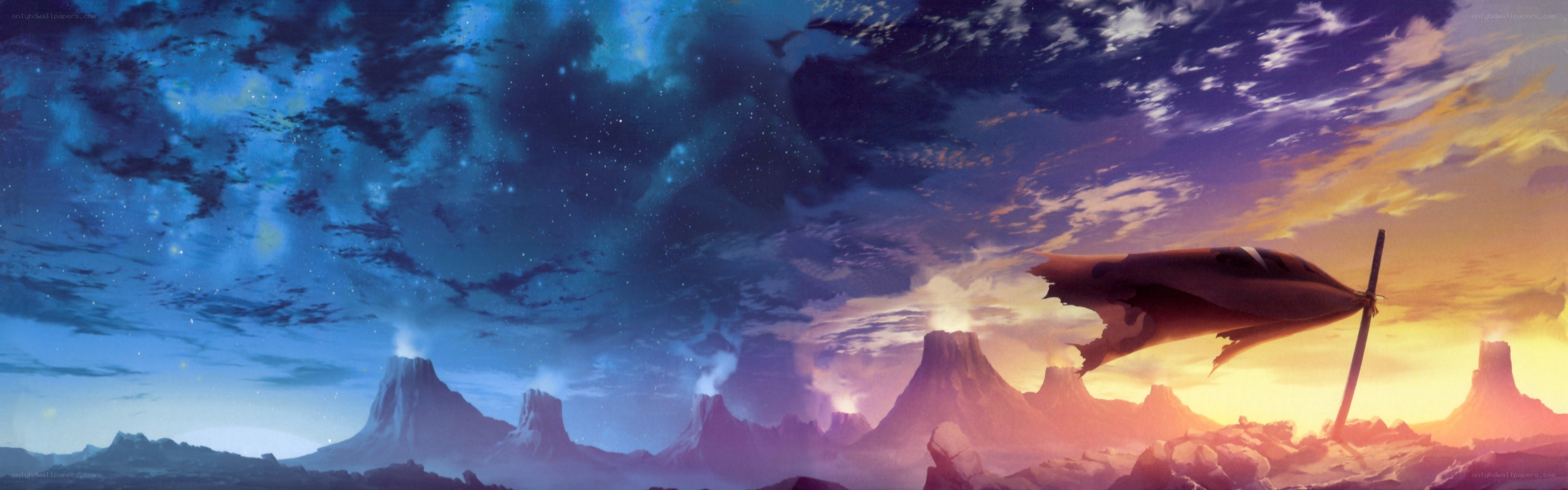 Spaceship over alien landscape
